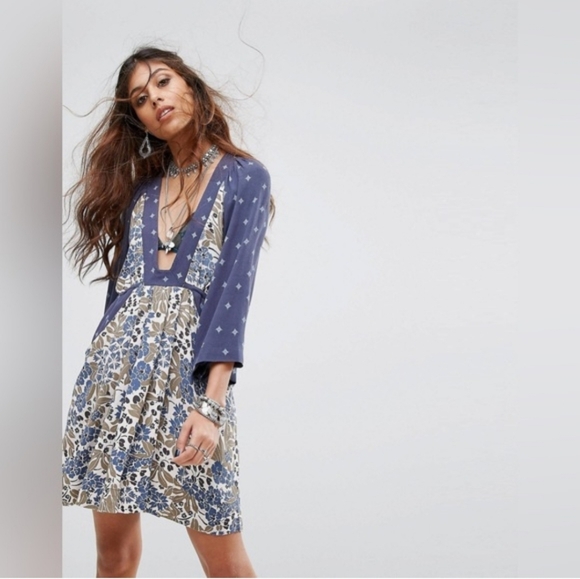Free People Dresses & Skirts - Free People Blue and Gray Patterned Dress